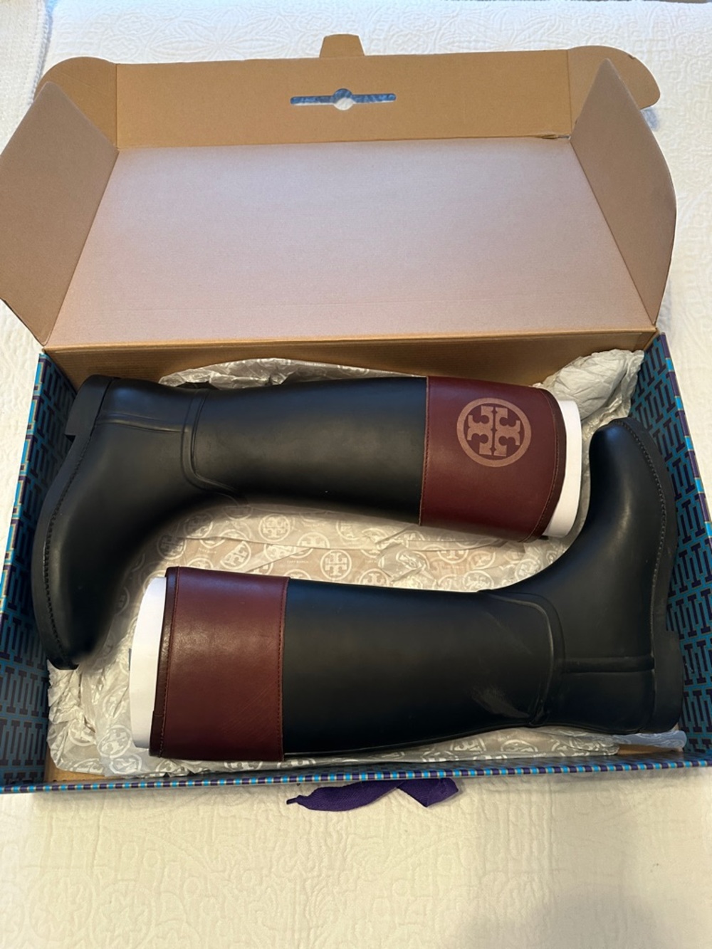 Tory Burch Black and Burgundy Tall Rain Boots